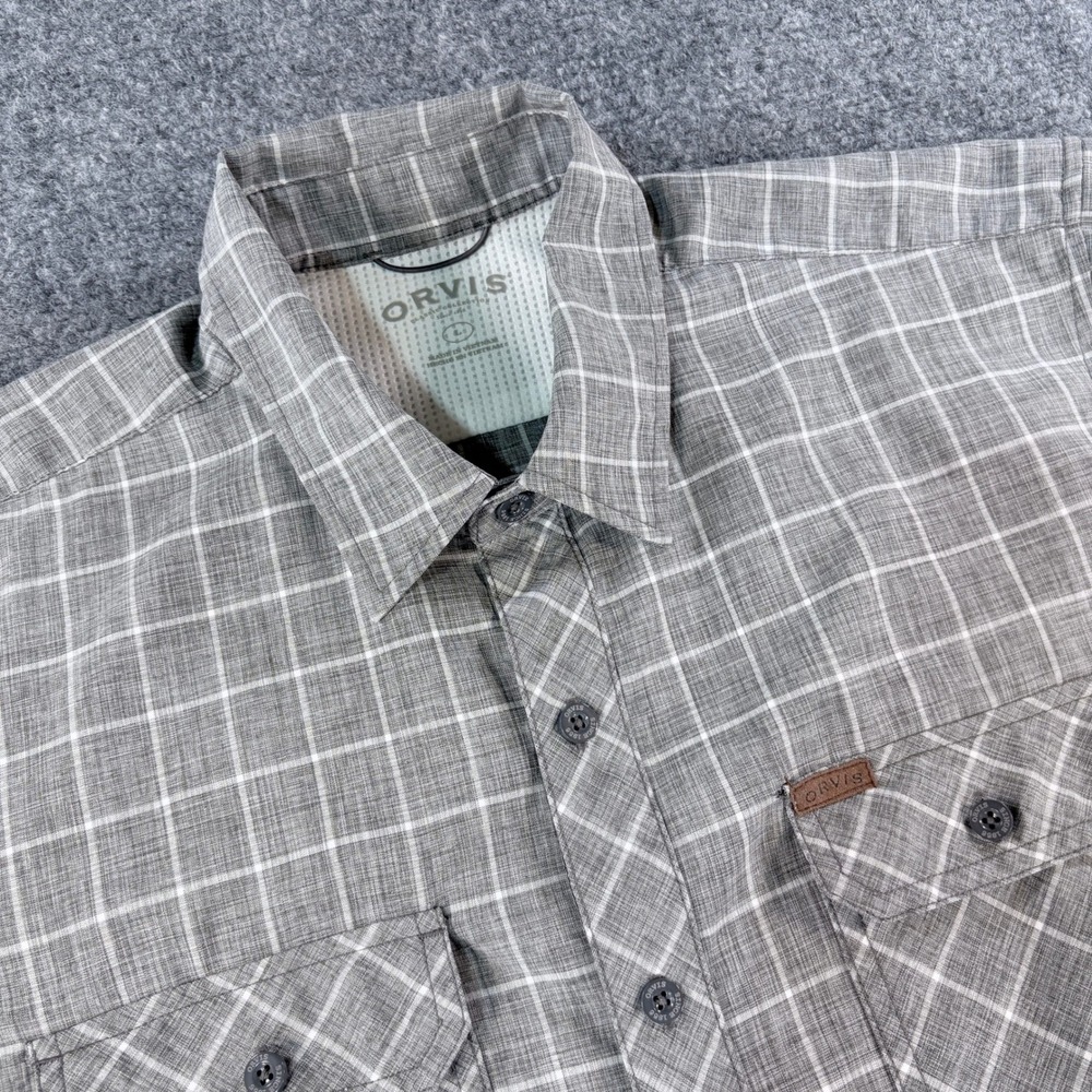 Orvis Mens Gray Plaid Short Sleeve Button Down Shirt Large Mesh Yoke 1369167